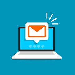 Email alert in laptop. Message on computer screen. Notification vector concept. Vector illustration in flat style.