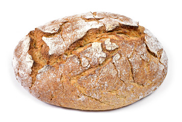 Fresh rye bread or whole grain bread. Isolated object on white background. Healthy baked bread, whole bread on white background.