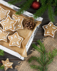 Gingerbread cookies on a wooden tray