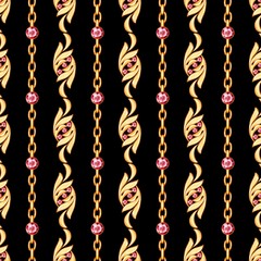 Seamless vertical pattern with golden jewelry and gems