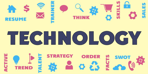 TECHNOLOGY Panoramic Banner with icons and tags, words. Hi tech concept. Modern style