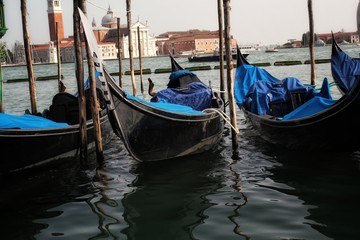 Fototapeta na wymiar Pack of still Gondola Boats in Venice