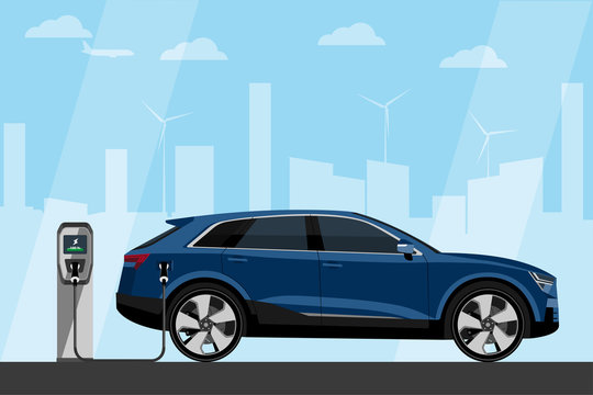 Blue electric SUV is charging from the charging station. Vector illustration EPS 10