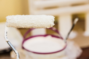 White paint on roller brush