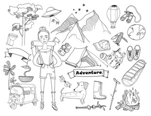 Adventure time. Hand drawn doodle vector set. Isolated elements