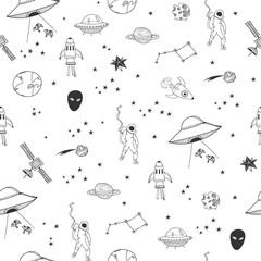 Hand drawn space elements. Graphic vector seamless pattern