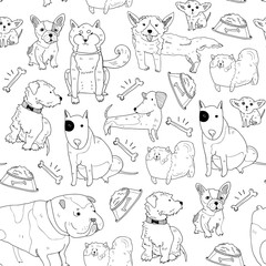 Hand drawn various breeds of dogs. Graphic doodle vector seamless pattern