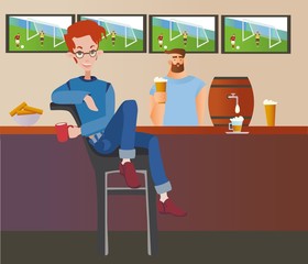 Young red-haired man sitting in a sport bar. Student night out. Flat vector ilustration.