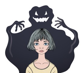 Scared teenage girl in front of a monster ghost. Psychology, fears and phobias. Flat vector ilustration. Isolated on white background.