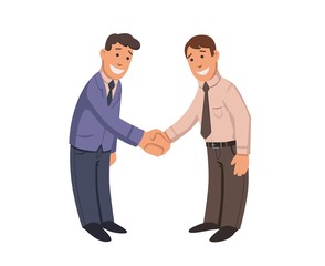 Obraz premium Businessmen handshake. Two smiling men shaking hands. Business deal. Flat vector ilustration. Isolated on white background.