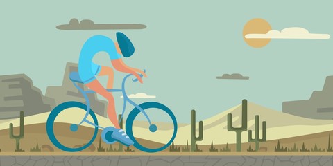 Man cycling on desert background. Abstract shaped figure on realistic landscape. Flat vector ilustration, horizontal.