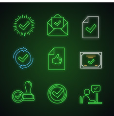 Approve neon light icons set
