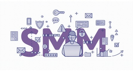 SMM, social media marketing. Concept with a charcter, letters and icons. Colored flat vector illustration on halftone background.