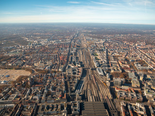 Helicopter view to Munich downtown and the train station at the foreground