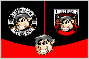 hog  or pork head animal cartoon character wearing flat hat and sunglasses with fork vector logo template collection