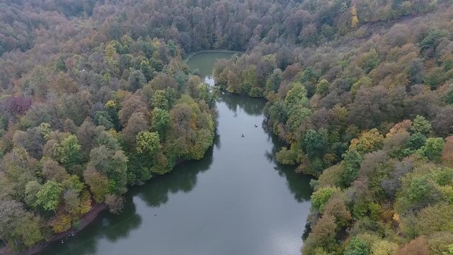 Drone flight over a hidden Parz lake in the Armenian autumn forests