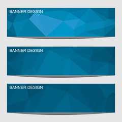 Set of three modern banners with polygonal background. Vector illustration composed of triangles of blue colors.
