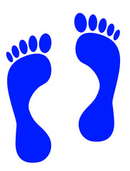 Blaue Fußabdrücke, Fußspuren auf weißem Hintergrund 	