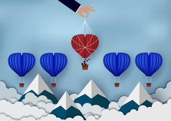 Business competition concept. the red hot air balloon group and blue up to the sky. the businessmen pull up. succeed in organization Business. leadership. creative idea. cartoon vector illustration