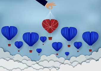 Fototapeta na wymiar Business competition concept. the red hot air balloon group and blue up to the sky. The businessmen pull up. Succeed in Organization Business. leadership. creative idea. cartoon vector illustration