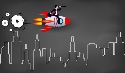 Businessman holding binocular sitting on the space shuttle launches into the sky on background blackboard. go to for higher business success goal. creative idea. cartoon vector illustration