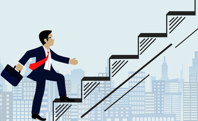 Businessmen walk up the stairs to the goal. on city background. Step up the ladder to success,  and progress in the job. Of the highest organization. Business Finance Concepts. Vector illustrations