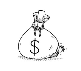 Man under a huge money bag with dollar symbol, a hand drawn vector doodle illustration of financial concept.