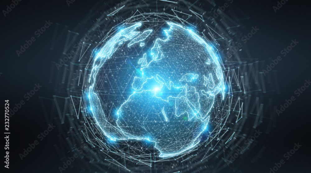 Fototapete globe network hologram with europe map 3d rendering