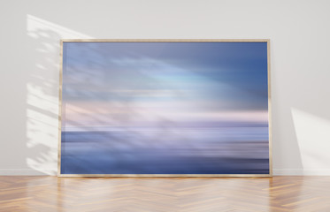 Large horizontal frame leaning on a white wall 3D rendering - obrazy, fototapety, plakaty