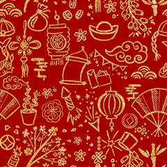 Seamless pattern of Traditional symbols of Chinese New Year Decorations, gifts, food. Doodle style drawing. Gold on Red