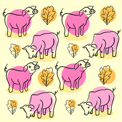Seamless pattern illustration with hand drawn cute pigs and Oak Leaf