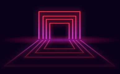 Neon abstract futuristic background. Neon portal with reflection in the dark room. - obrazy, fototapety, plakaty