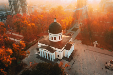 Chisinau Metropolitan Cathedral in Central Park,  Moldova Republic. Aerial view. Artistic tonning - obrazy, fototapety, plakaty