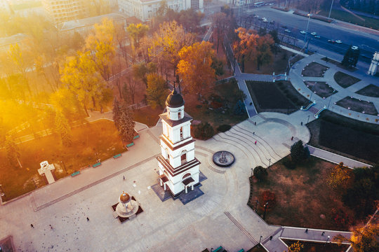 Chisinau Central Park aerial view with artistic tonning