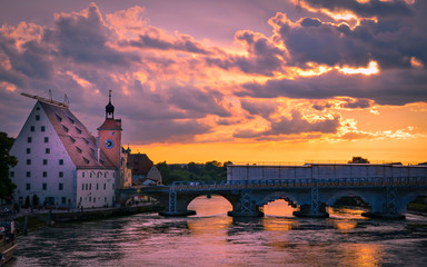 beautiful view of the evening cityscape of Regensburg in Germany