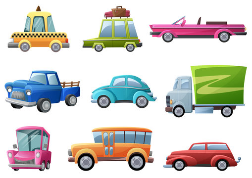 Old, vintage, cartoon retro cars set vector illustration isolated.