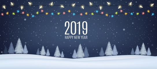 Winter night landscape with fir trees, coniferous snowy forest, falling snow and luminous garlands. Holiday winter forest Merry Christmas and Happy New Year.