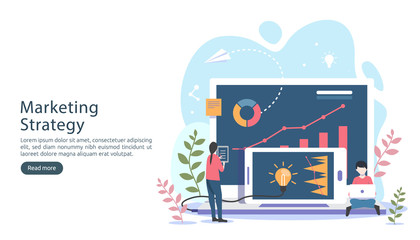 digital marketing strategy concept with tiny people character, table, graphic object on computer screen. online social media marketing modern flat design for landing page and mobile website template.