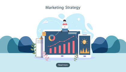 digital marketing strategy concept with tiny people character, table, graphic object on computer screen. online social media marketing modern flat design for landing page and mobile website template.