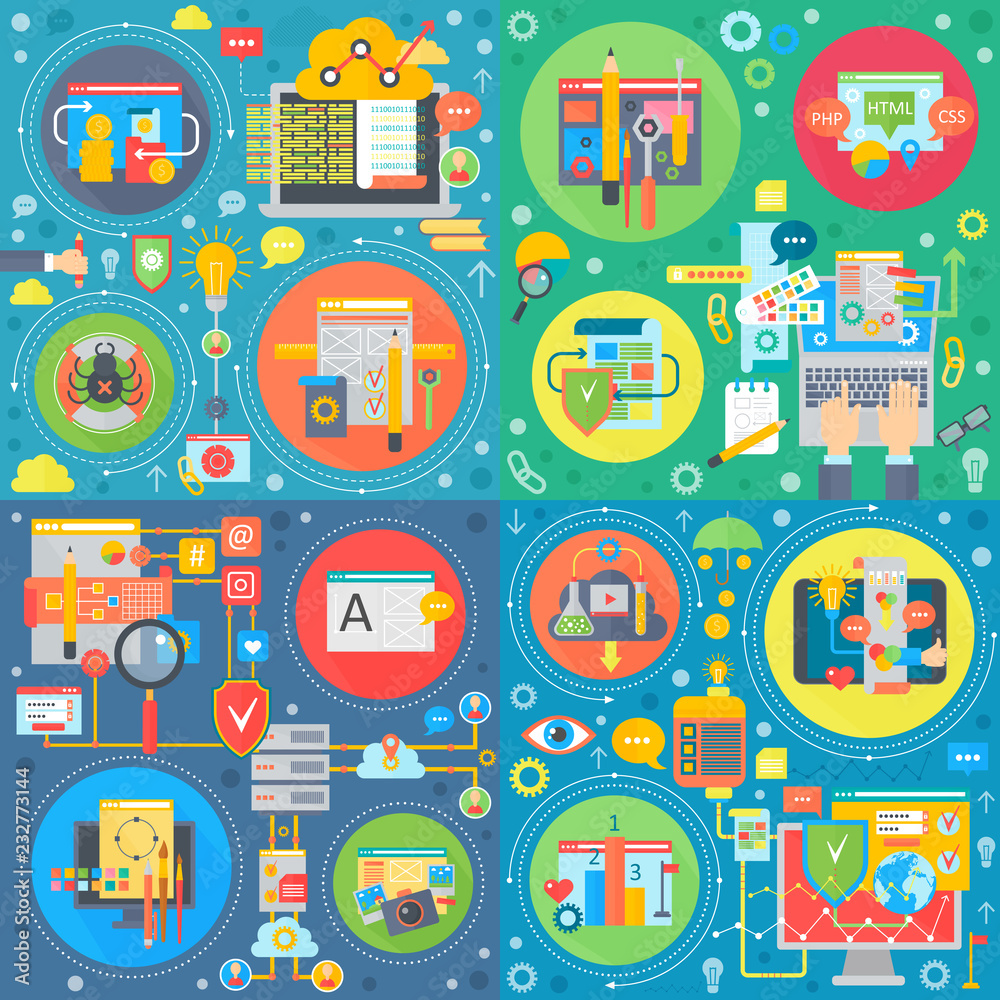 Poster Trendy flat web design illustrations. Website design square concepts set.