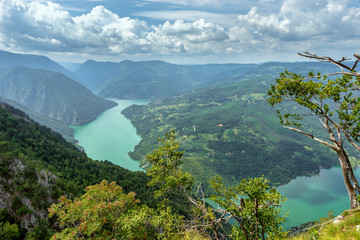 Landscape view from Banjska Stena on Drina river and mountains in summer day in Tara national park in Serbia