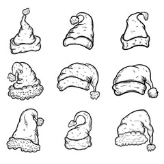 Set of Santa Claus hats Christmas theme. Design element or poster, greeting card, banner, flyer, decoration.