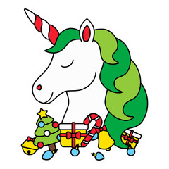 Cute christmas unicorn head with christmas items isolated