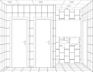 restroom, contour visualization, 3D illustration, sketch, outline
