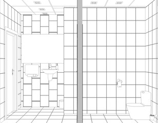 restroom, contour visualization, 3D illustration, sketch, outline
