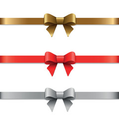 Set of decorative bows with ribbons. Red, gold, silver.