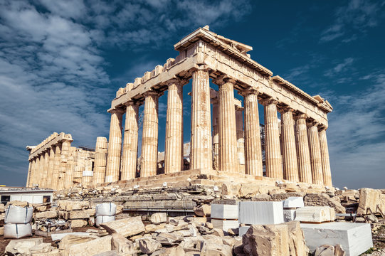 Parthenon on Acropolis of Athens, Greece. Classic Greek temple on sky background.