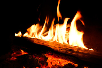 Burning wood. Fire in darkness. 