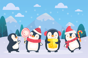 christmas penguins on snowy background