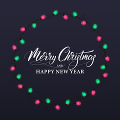 Merry Christmas and Happy New Year. Winter holiday banner with shiny lights and Xmas calligraphy.